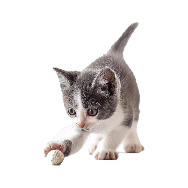 PSD studio portrait of playful grey and white kitten playing with small toy