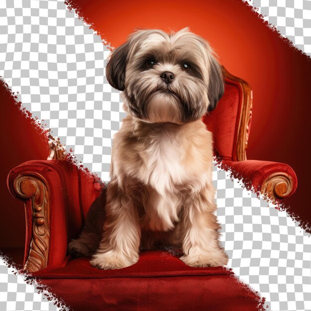 PSD studio portrait of a shih tzu dog on a red sofa transparent background