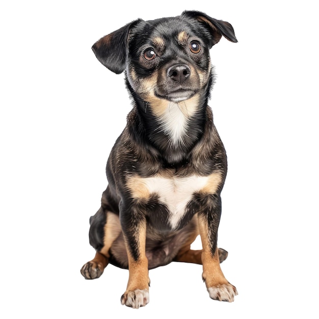 Studio portrait of small cute brown black and white mixed breed rescue dog sitting and looking forward with head tilted