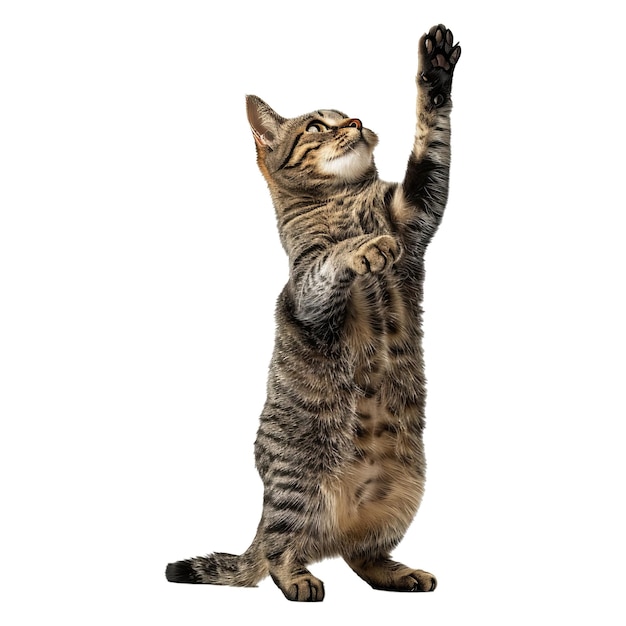 Studio portrait of tabby cat standing on back two legs with paws up