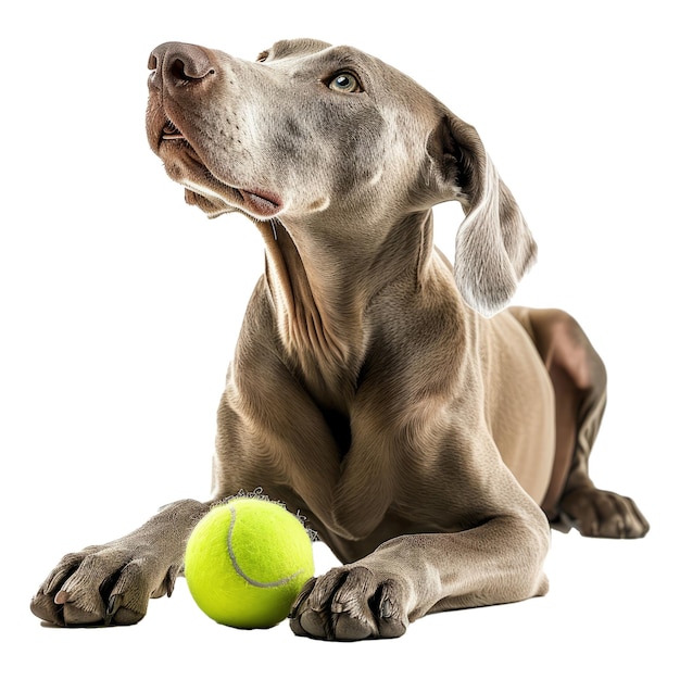 Studio portrait of weimaraner laying down chewing on a tennis ball