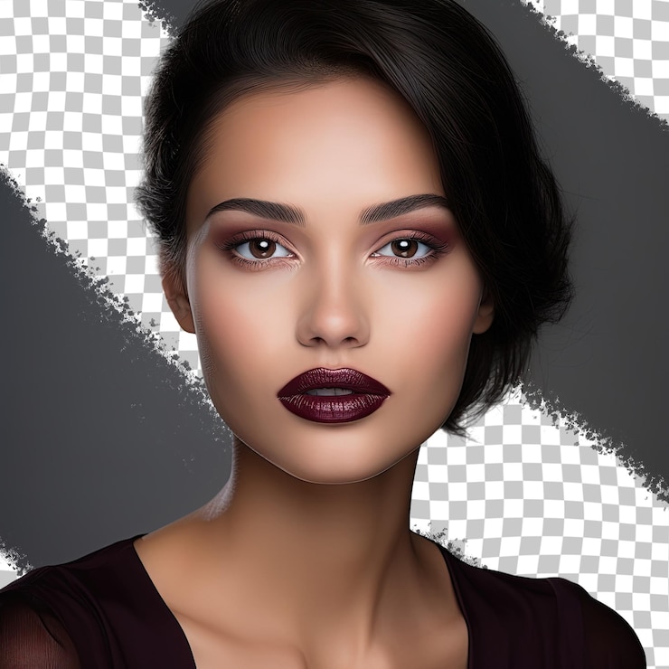 PSD studio portrait of a young girl with maroon lipstick posing in front of a transparent background looking at the camera with her hand near her lips