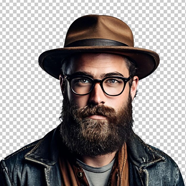 PSD studio portret van een lachende volwassen man in trilby met een overgroeide baard