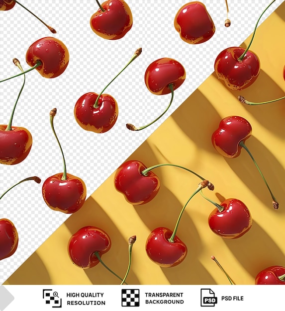 PSD studio shot of bunch ripe red cherries close up arrange of fruit on a yellow background png