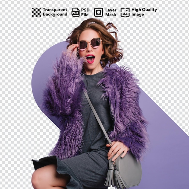 Studio shot curly barefooted girl fur coat jumping during photoshoot psd transparent background