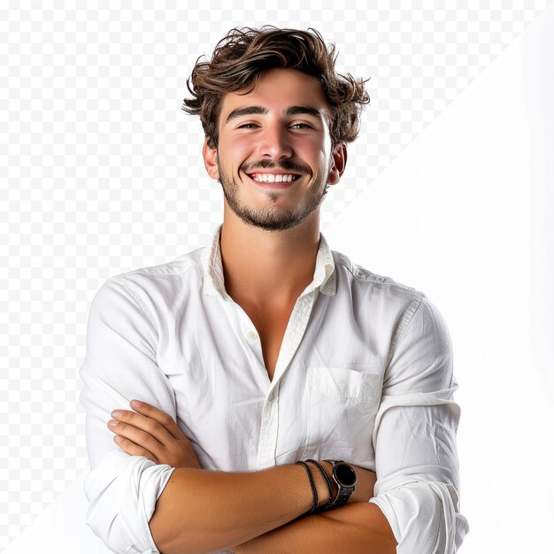 Foto in studio di un giovane uomo felice e bello che sorride con le braccia incrociate