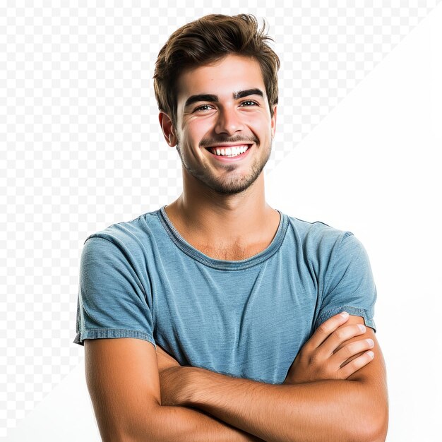 PSD foto in studio di un giovane uomo felice e bello che sorride con le braccia incrociate