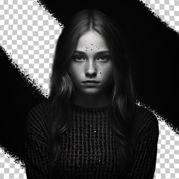 PSD studio shot of a stunning isolated girl with freckles in a dramatic black and white portrait