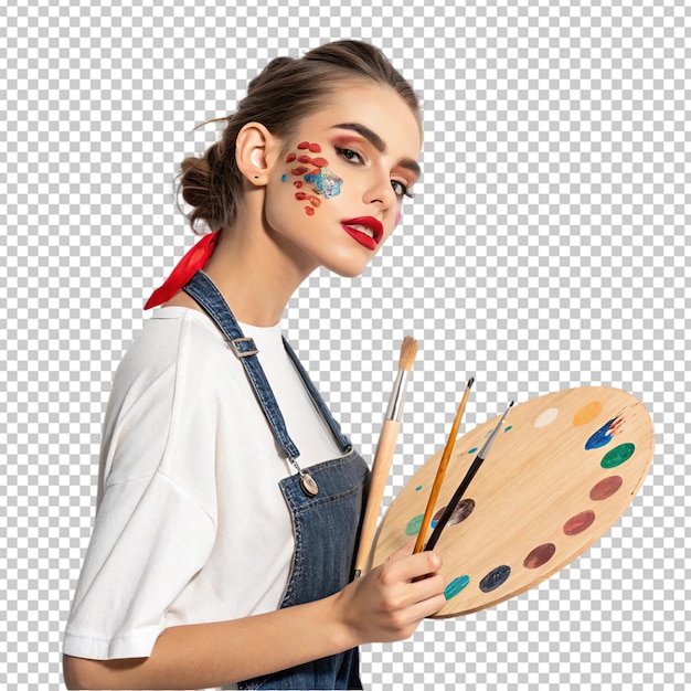 studio shot of young beautiful woman wearing white casual shirt with red stripes