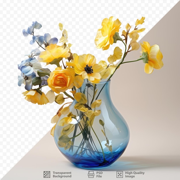 Studio sfondo trasparente con fiori gialli e blu in un vaso di vetro