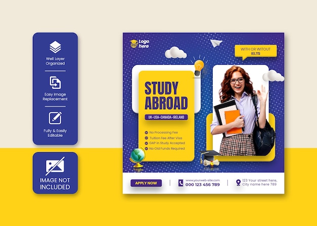 PSD study abroad education instagram post or social media post banner template design