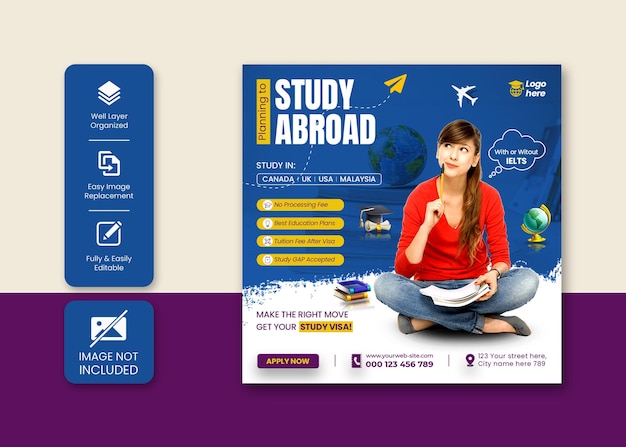 PSD study abroad education instagram post or social media post banner template design