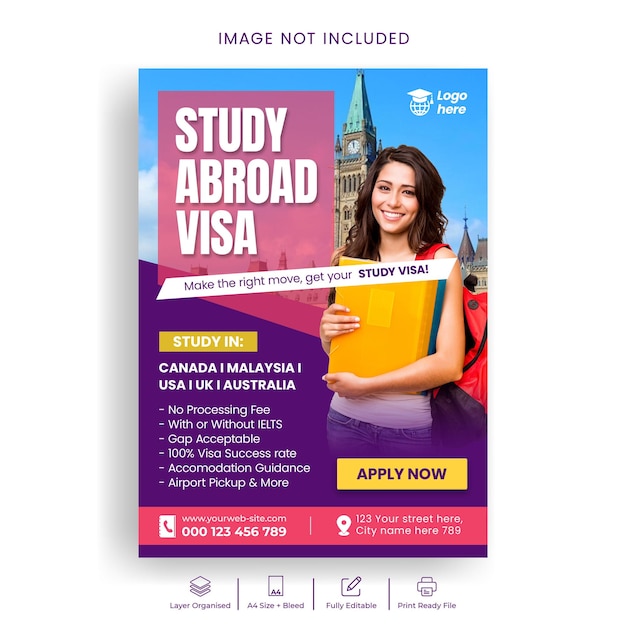 PSD study abroad flyer or student visa application poster template design
