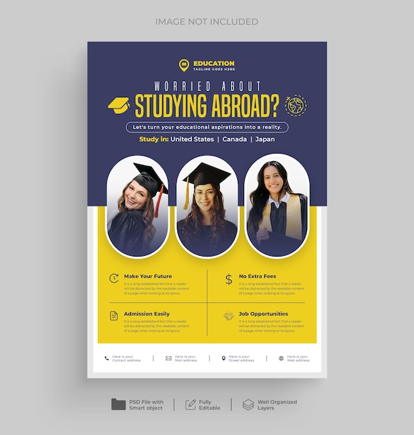 PSD study abroad flyer and university admission or student visa poster template design