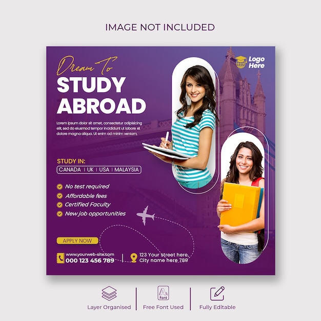 PSD study abroad instagram post or social media post template design