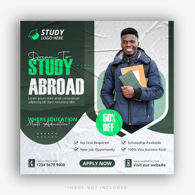 Study abroad social media instagram post design higher education web banner square flyer template