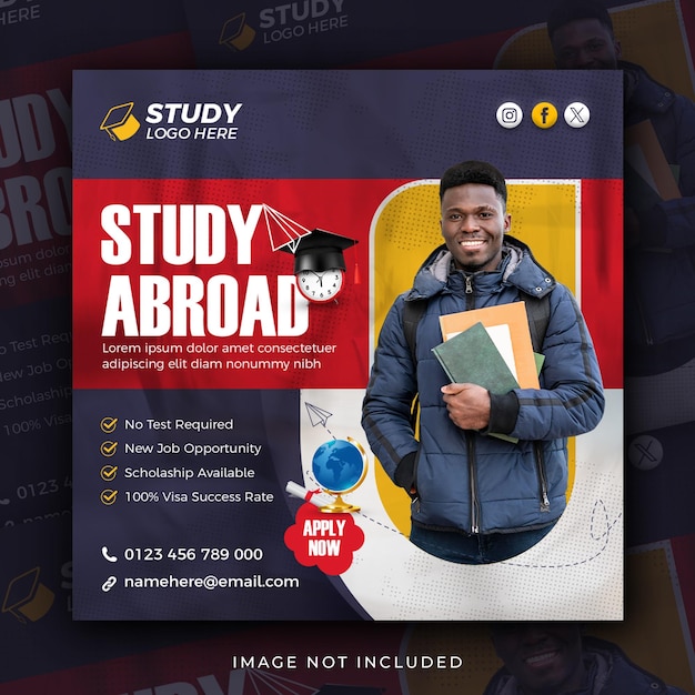 Study abroad social media instagram post design higher education web banner square flyer template