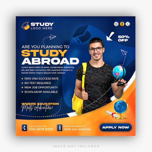 PSD study abroad social media instagram post design higher education web banner square flyer template