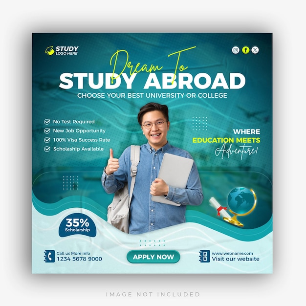 Study abroad social media instagram post design higher education web banner square flyer template