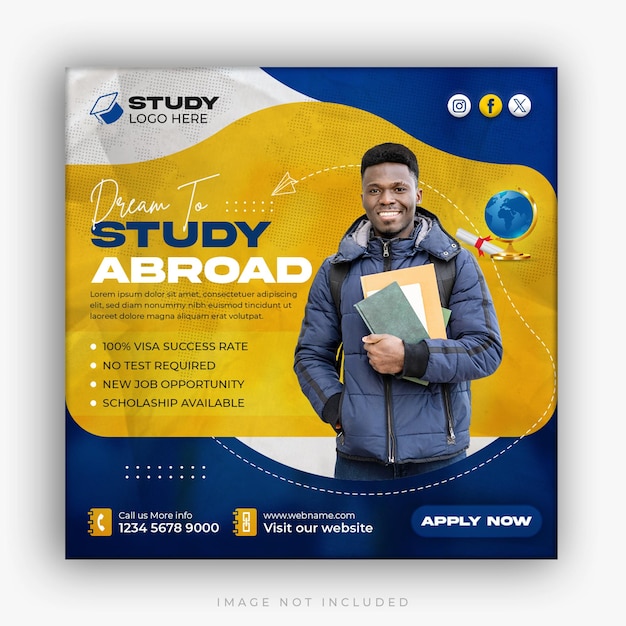 Study abroad social media instagram post design higher education web banner square flyer template