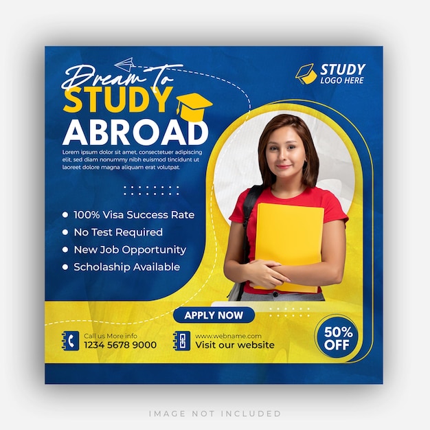 Study abroad social media instagram post design higher education web banner square flyer template