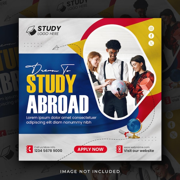 Study abroad social media instagram post higher education promotion banner square flyer template