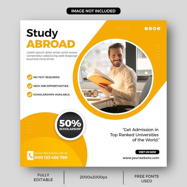 Study abroad social media post or education square flyer template