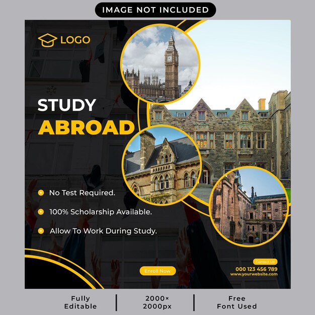 PSD study abroad social media post and square web banner template