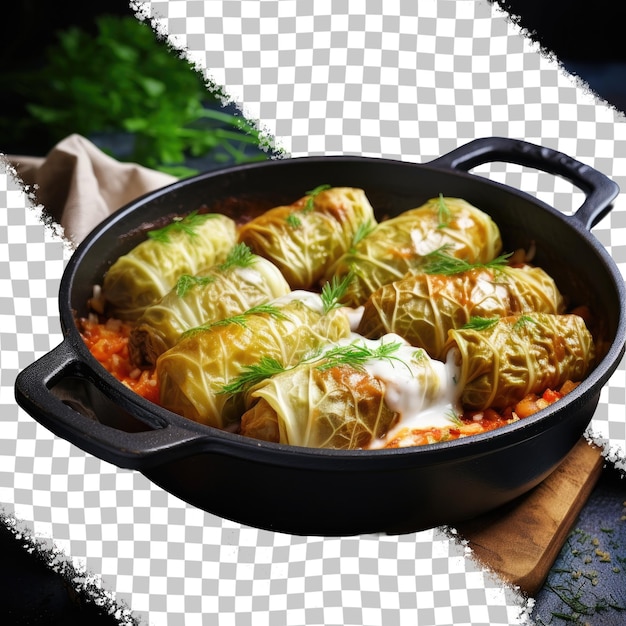 PSD stuffed cabbage rolls and rice in pot on transparent background
