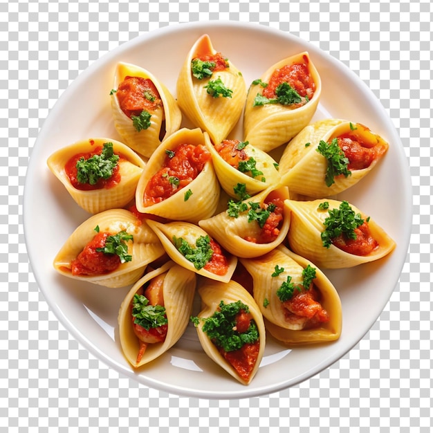 PSD stuffed pasta shells on white plate isolated on transparent background