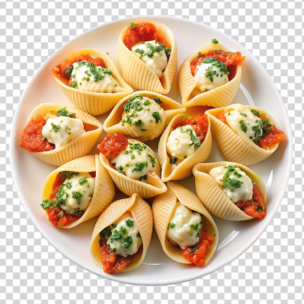 PSD stuffed pasta shells on white plate isolated on transparent background