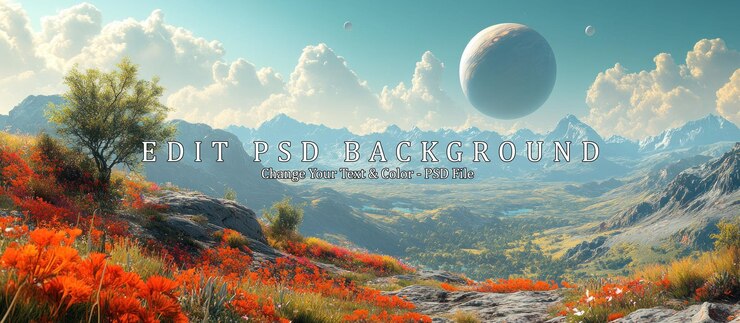PSD a stunning alien landscape with a large moon and a field of wildflowers