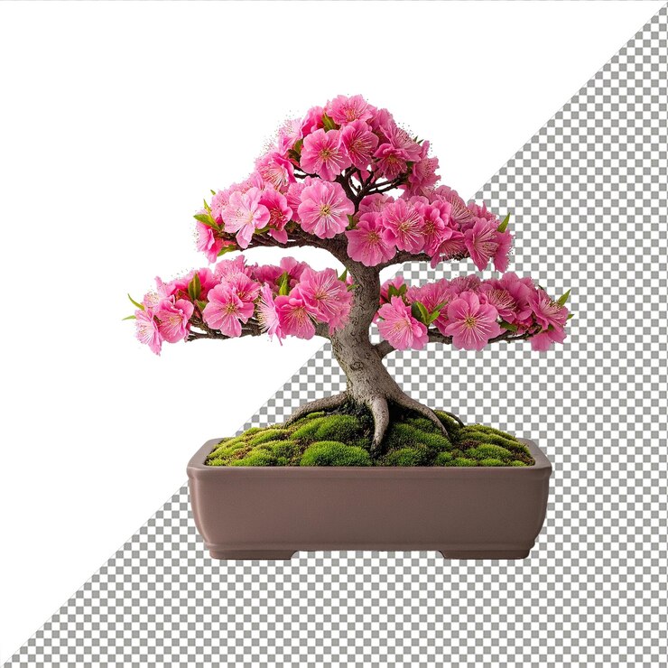 PSD a stunning bonsai tree with vibrant pink cherry blossoms isolated on a transparent background