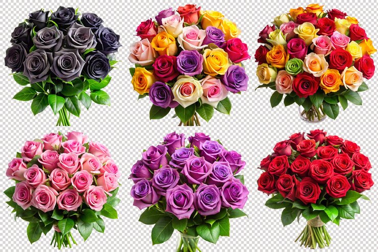 Stunning bouquet of red pink purple black and multicolored roses on transparent background