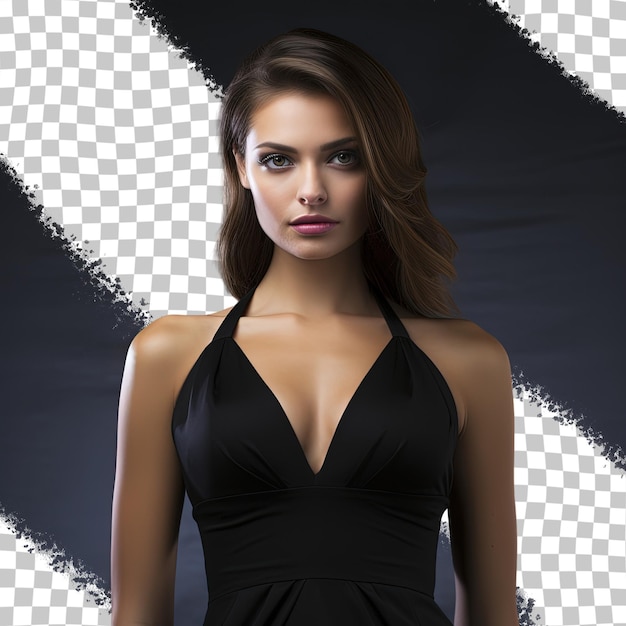 PSD スタジオでポーズをとる黒いドレスを着た見事なファッションモデル