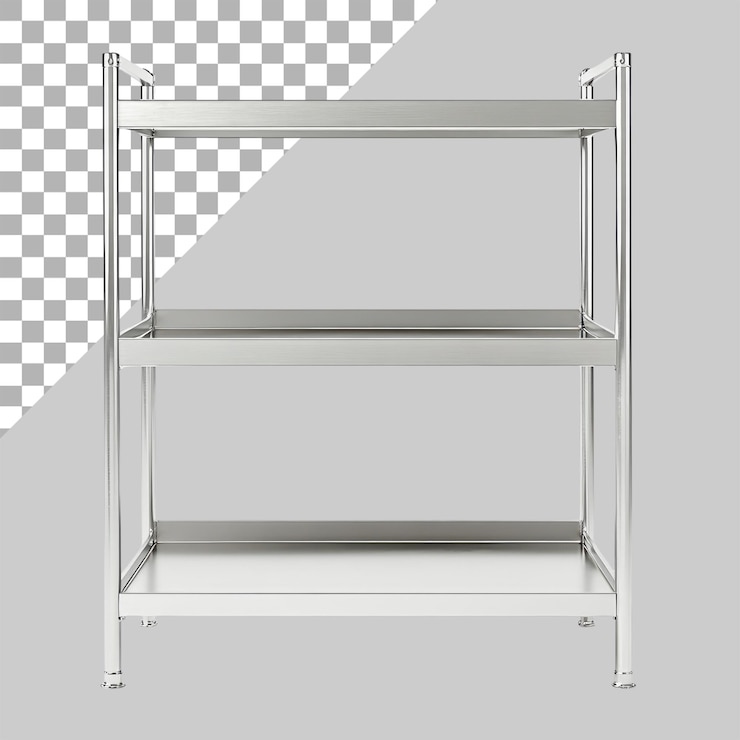 PSD stunning superrealistic photograph of a stainless steel shelf with three shelves on a transparent background
