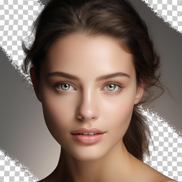 PSD stunning young woman with flawless skin natural makeup and serene expression spa skincare and wellness concept transparent background with room for text