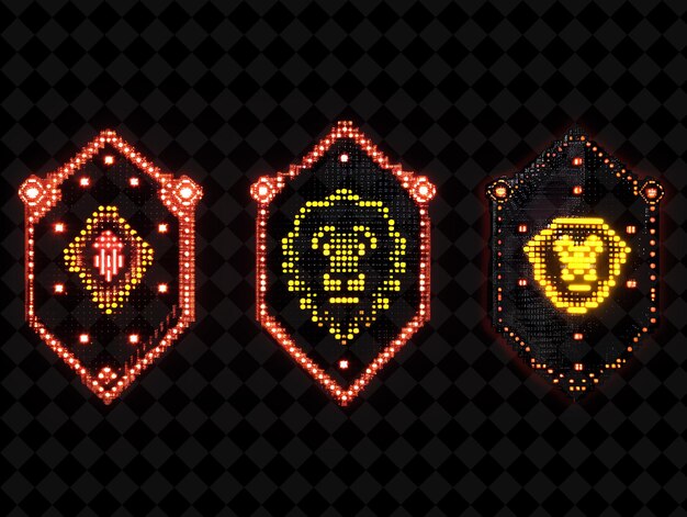 PSD sturdy shield 8 bit pixel with lion emblem and studs with bo y2k shape neon color art collections