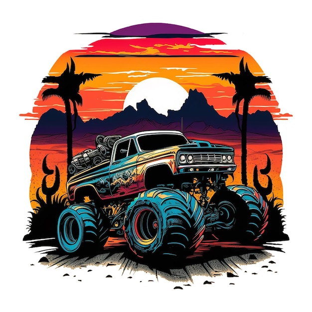 PSD styl retro w stylu vintage monster car nadaje się do projektów nadruków, takich jak naklejki projektowe tshirt