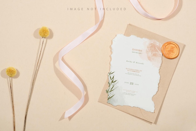 Styled craft envelope and white card mockup with dried grass on beige