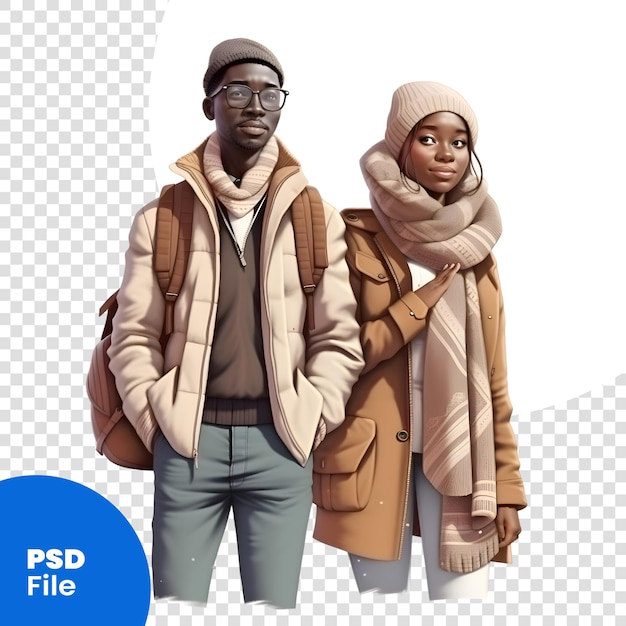 PSD elegante coppia afroamericana in abiti invernali isolato su sfondo bianco modello psd