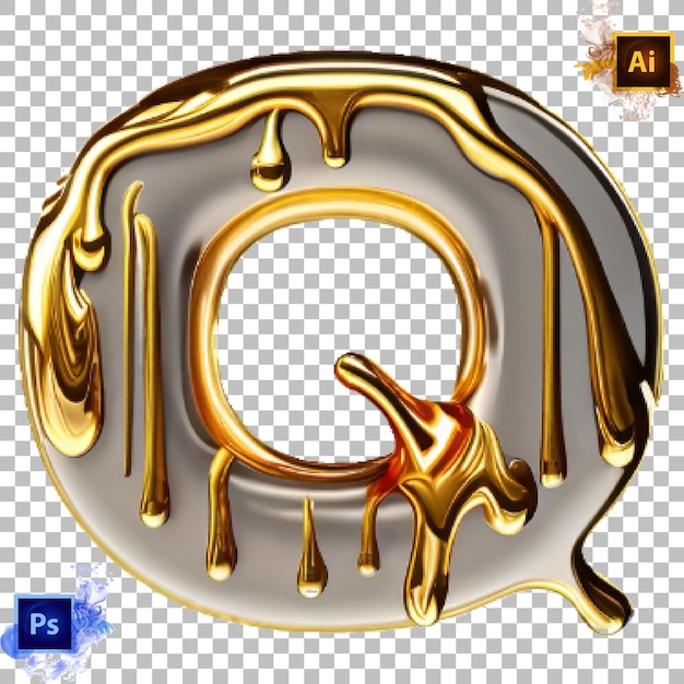 PSD Стильная буква алфавита от а до z, блестящая золотая жидкая капельница, дизайн буквы q.