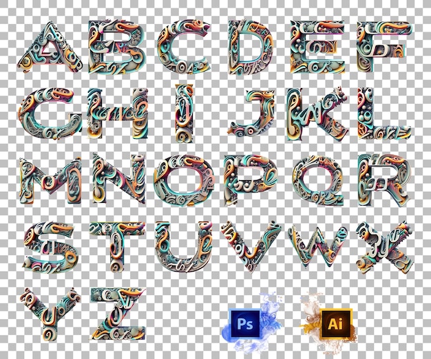 PSD elegante lettera dell'alfabeto dalla a alla z dal design trippy con lettere 3d az