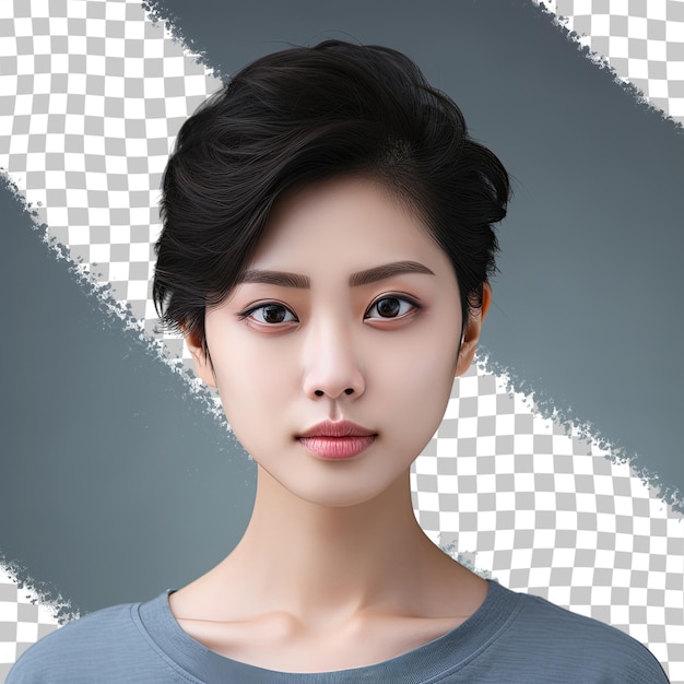 PSD stylish asian woman with short hair and an ideal figure lovely model with minimal makeup and captivating eyes on a transparent background emphasizing facial care beauty concept