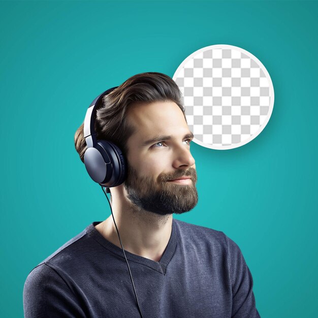 PSD stylish attractive young bearded man listening to music on wireless headphones modern style