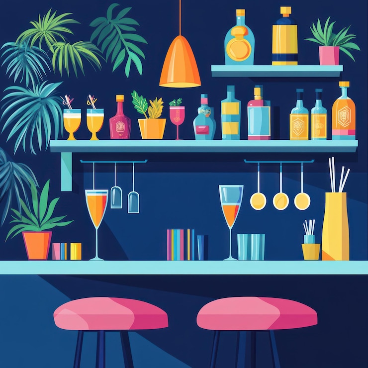 PSD stylish bar interior with tropical plants colorful drinks and pink stools
