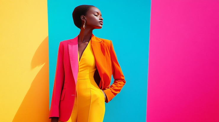 PSD stylish black woman in colorful jumpsuit and blazer against vibrant background