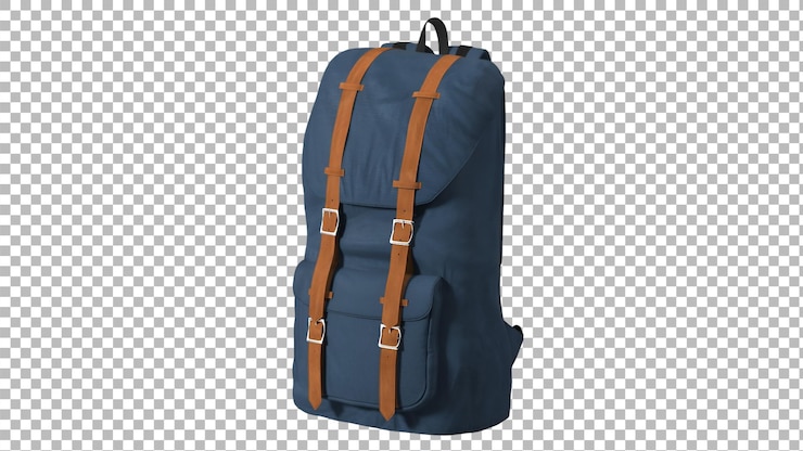 PSD a stylish blue backpack with brown straps designed for travel and outdoor activities