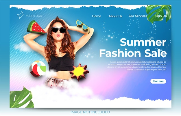 PSD stylish blue landing page summer fashion sale banner with 3d icons