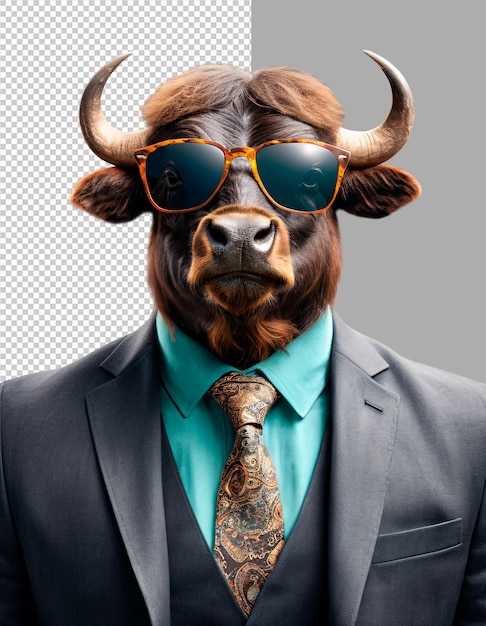 PSD stylish bull in suit and sunglasses business humor on a transparent background